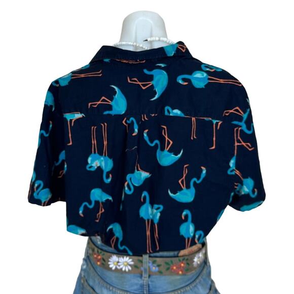 Hawaiian Shirt Button Down Crop Top One Size Boxy Surfer Flamingo Miami Oversize - Picture 4 of 5